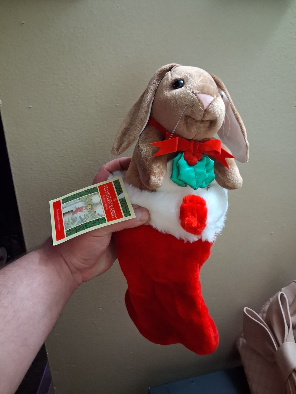 Holiday Bunny Plush Christmas Stocking - Brown and Red